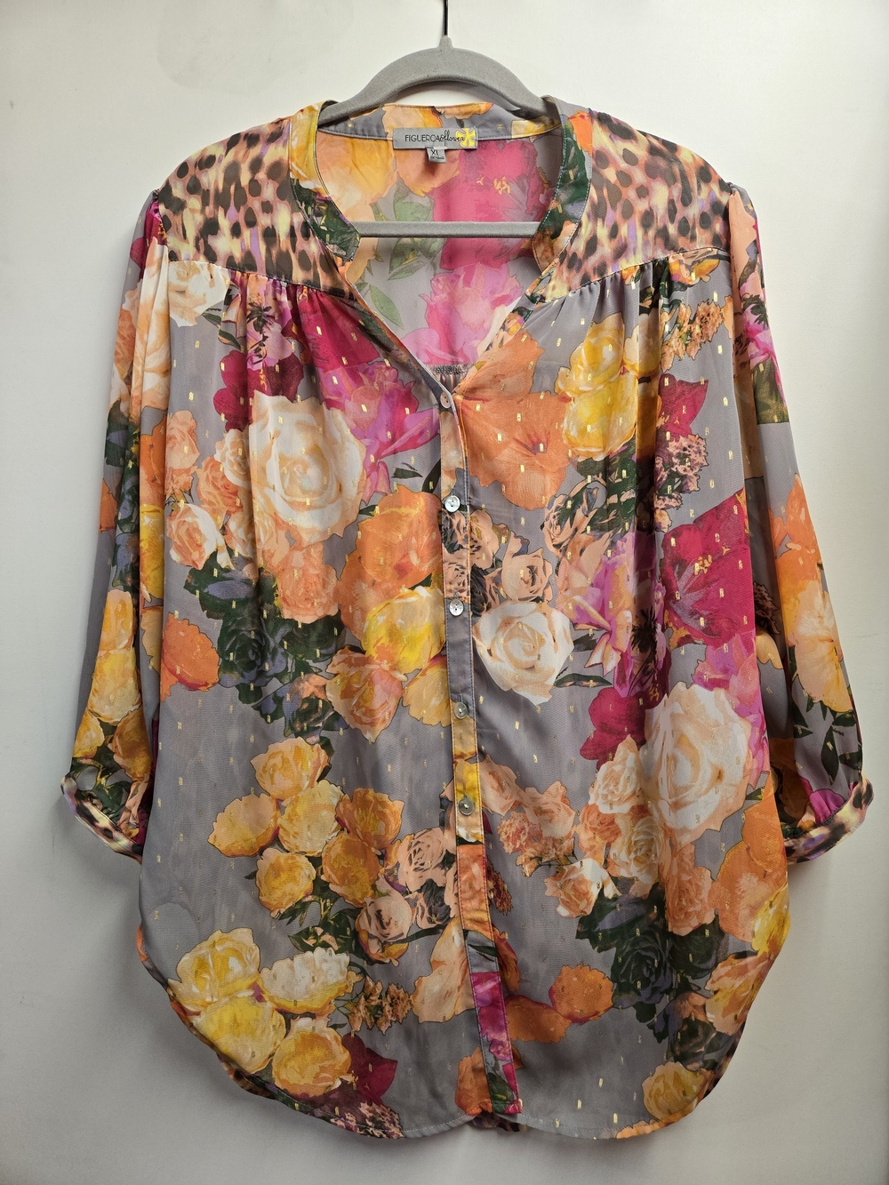 Figueroa & Flower Floral Button-Front Blouse in Lilac with Pink & Yellow Flowers